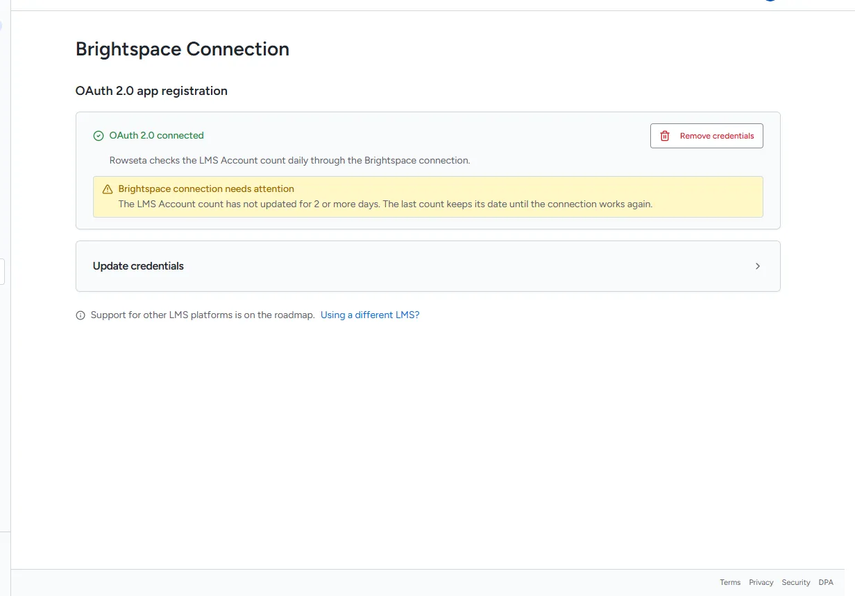 Integrations > Brightspace showing OAuth 2.0 connected