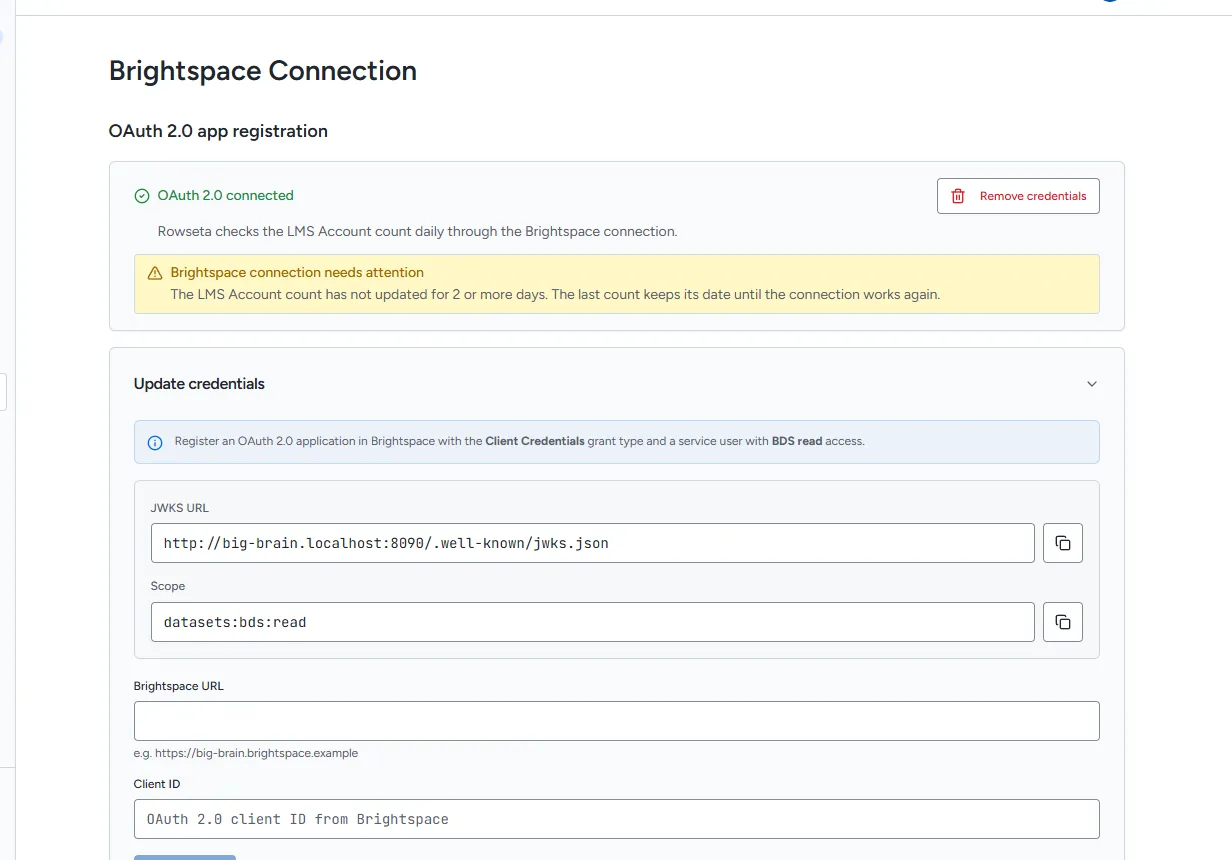 The Update credentials form with JWKS URL, Scope, Brightspace URL and Client ID