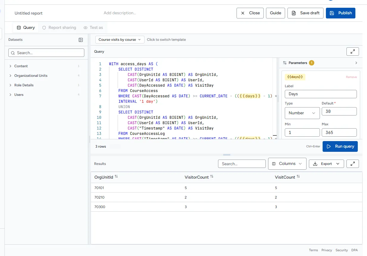 The report builder after Run query, showing results by course