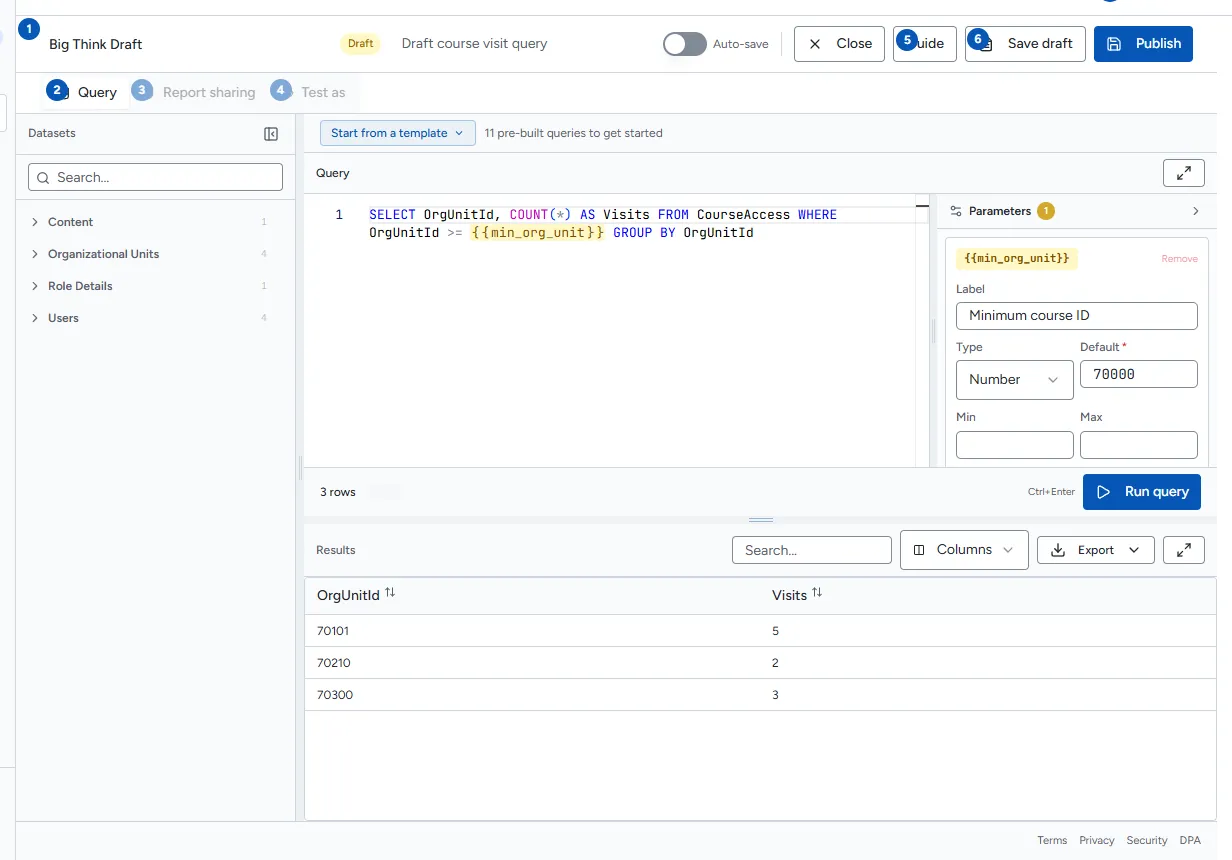 The report builder with its areas numbered