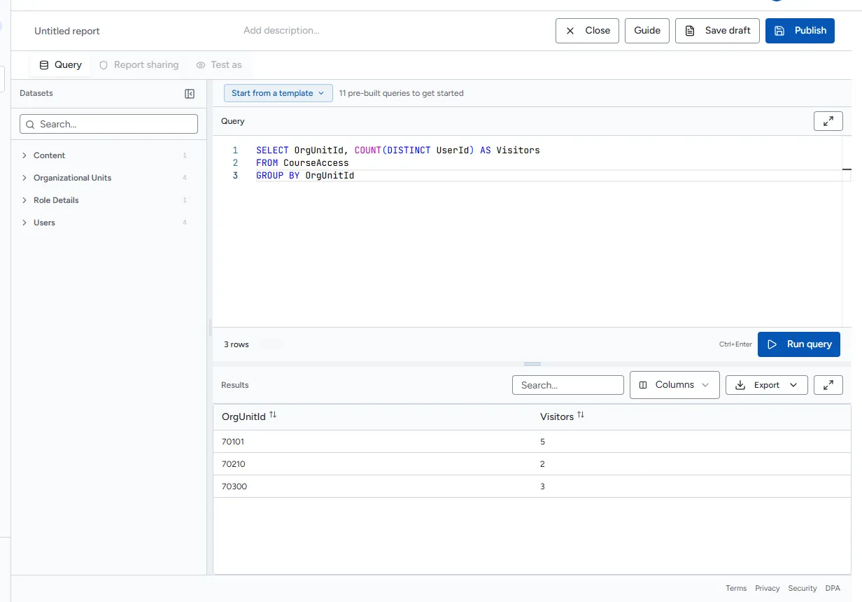 The SQL editor with a query and its results