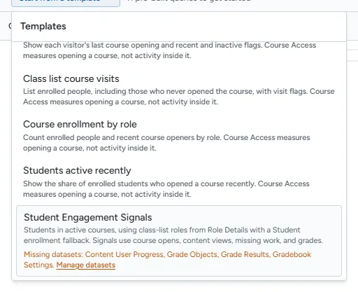 The template list with one template showing Missing datasets