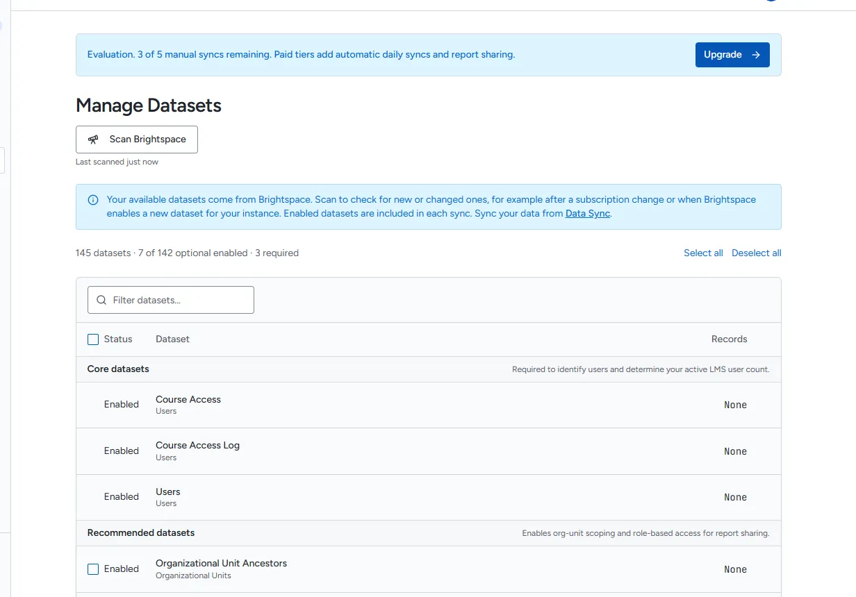 Data > Datasets with Core, Recommended and Optional groups