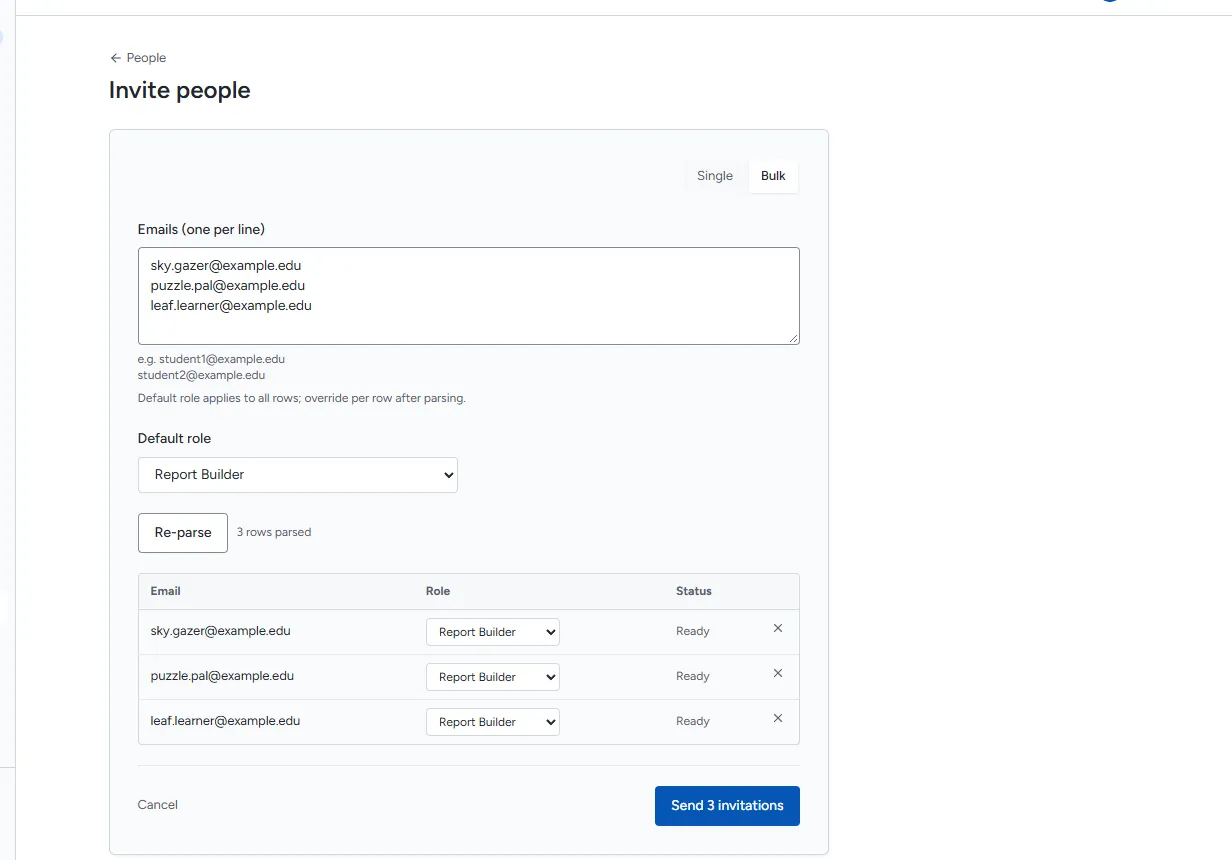 Invite people in Bulk mode with three parsed rows