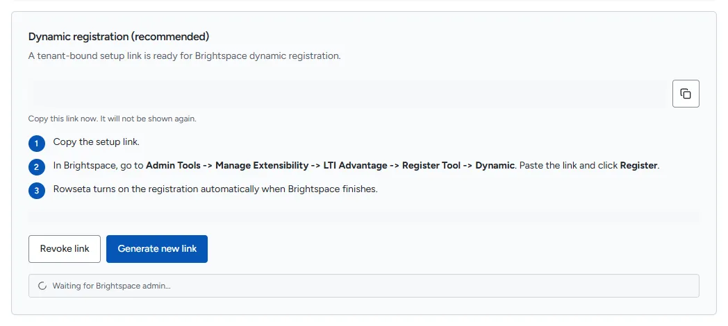 The Dynamic registration card with a new setup link and its expiry countdown