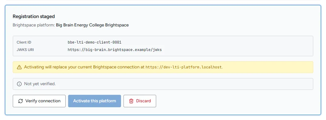 The Registration staged card with Verify connection and Activate this platform