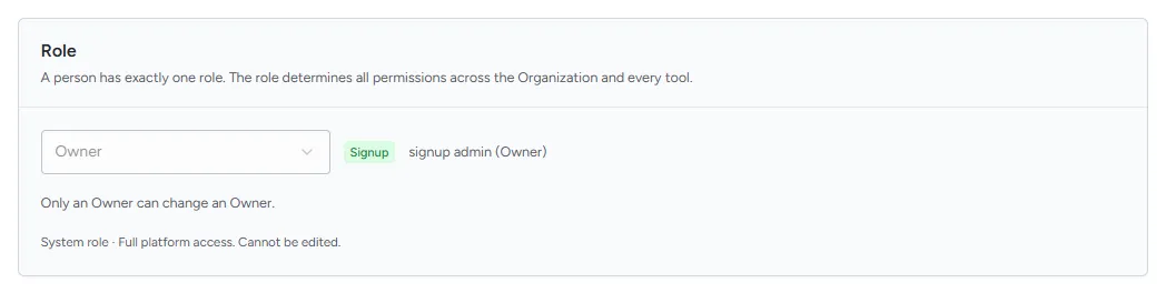 A person page as seen by an Admin, with the Owner role read-only