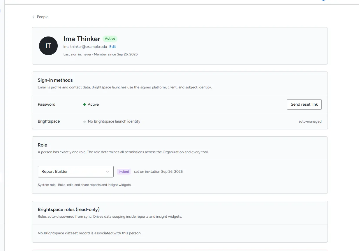 A person’s page showing the Role, Sign-in methods and Brightspace roles sections
