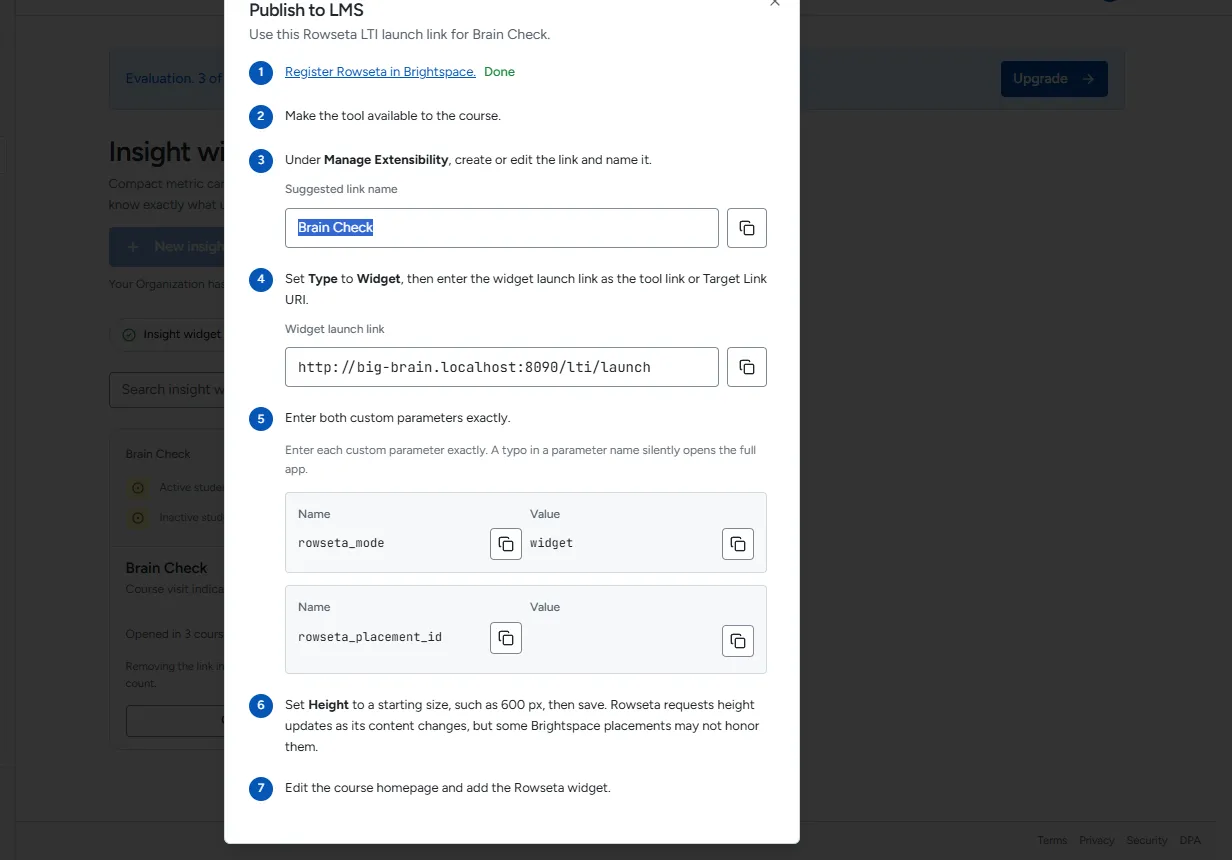 The Widget launch link and Suggested link name fields with their copy buttons
