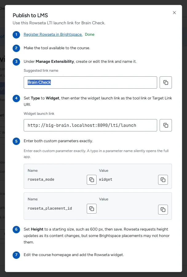 The Publish to LMS dialog for Brain Check