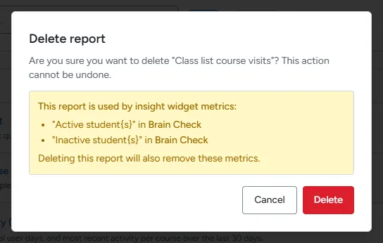 The Delete report confirmation listing insight widget metrics that use it