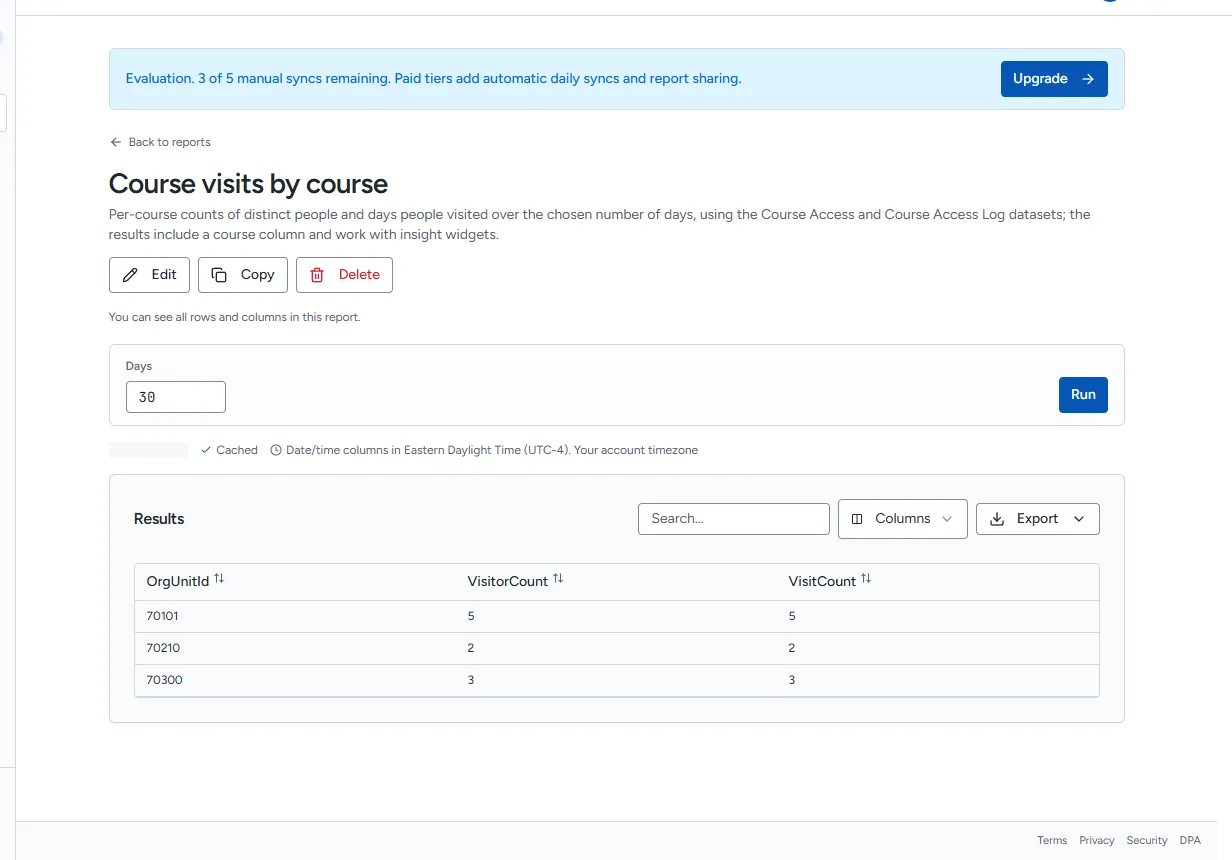 A report after Run, with the row count, the cache label and the results table
