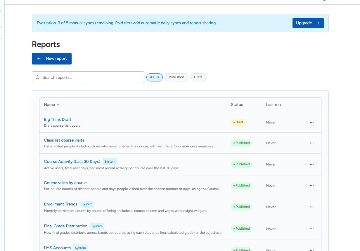 The Reports page listing system reports with the System label