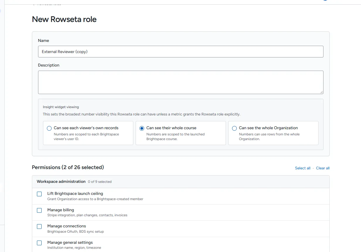 The New Rowseta role page with permissions ticked