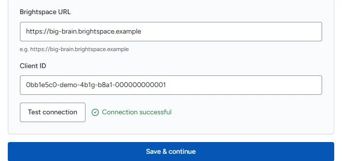 Brightspace URL and Client ID filled in, with Connection successful shown