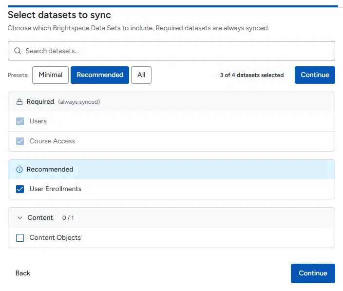 Select datasets to sync with the Recommended preset active