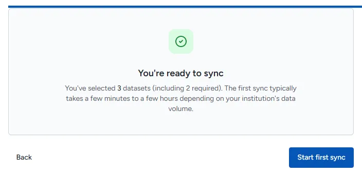 The You’re ready to sync card with Start first sync