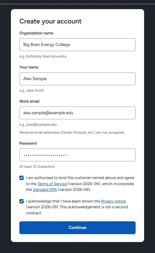 The Create your account step of signup, filled in for Big Brain Energy College
