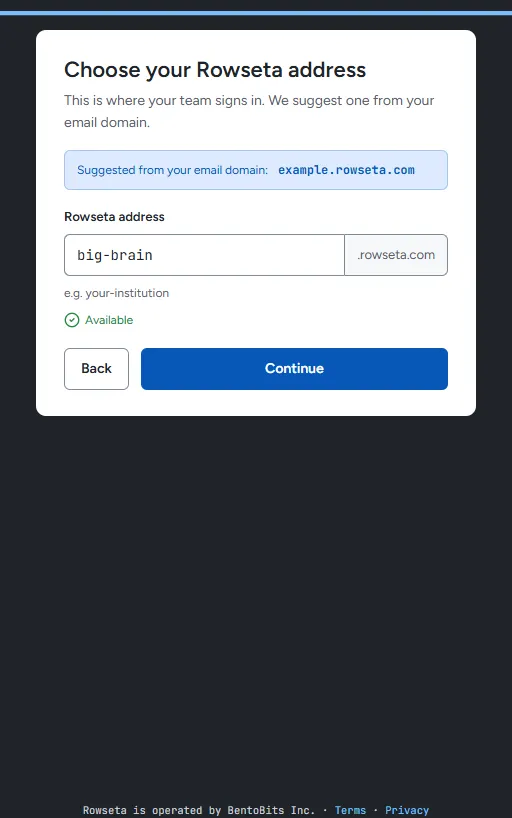 The Choose your Rowseta address step showing an available address