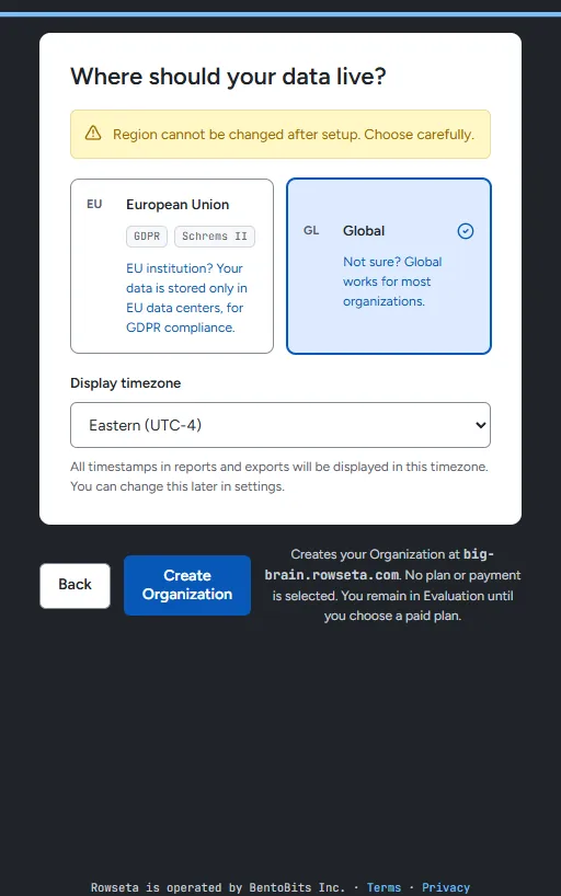 The Where should your data live step with Global selected