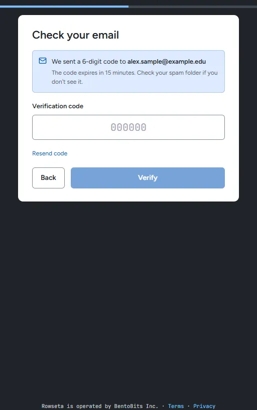 The Check your email step with the 6-digit code field