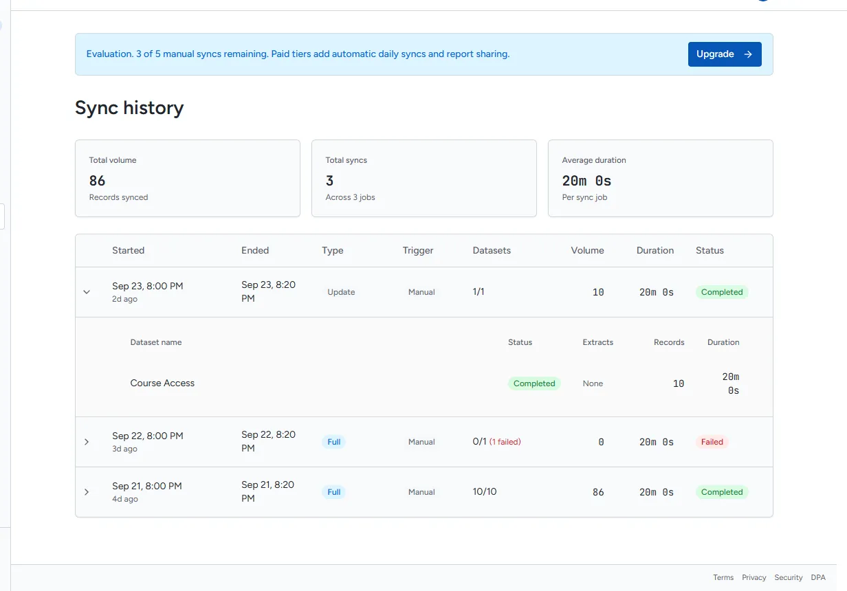 Sync history with one row expanded to show dataset details