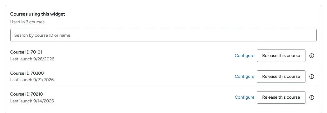 Courses using this widget showing the total, three courses and Release this course