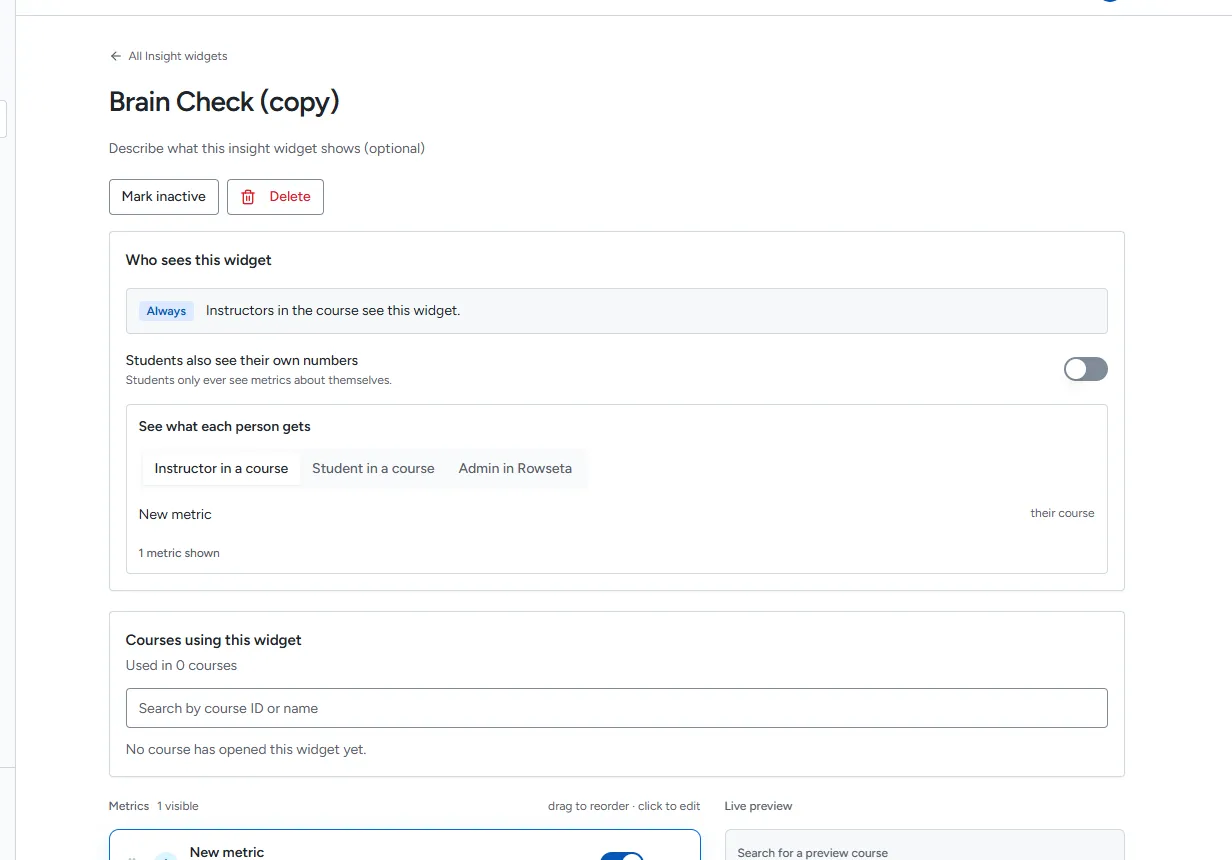 A new widget with its first metric open for editing