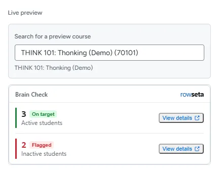 The Live preview showing Brain Check for THINK 101: Thonking (Demo)