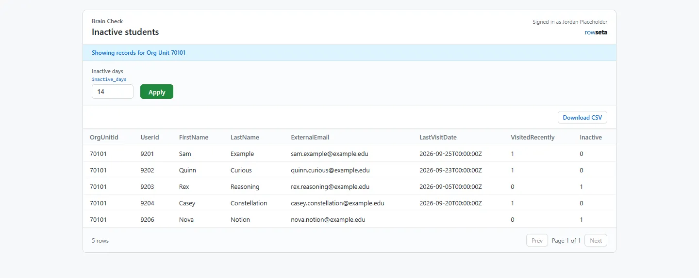 The View details page with the course heading, parameters, table and Download CSV