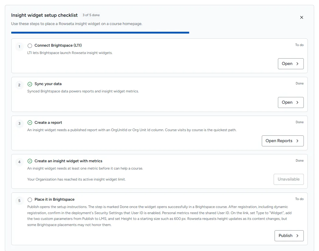 The Insight widget setup checklist with three of five steps done